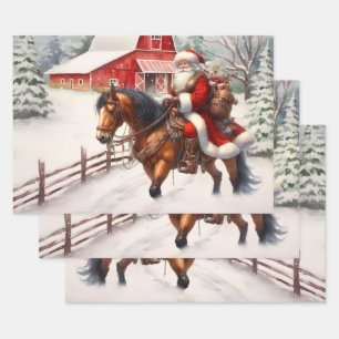 Feuille De Papier Cadeau Père Noël de l'Ouest à cheval Pays Noël