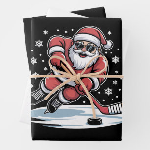 Feuille De Papier Cadeau Père Noël de Noël drôle jouant au hockey sur glace