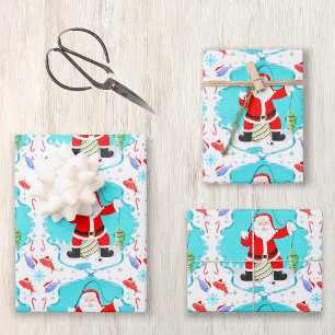 Feuille De Papier Cadeau Père Noël drôle pêche sur glace avec motif d'ours 