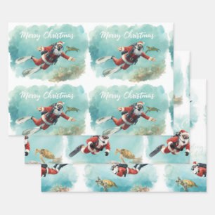 Feuille De Papier Cadeau Père Noël en plongée sous-marine pour un Noël sous