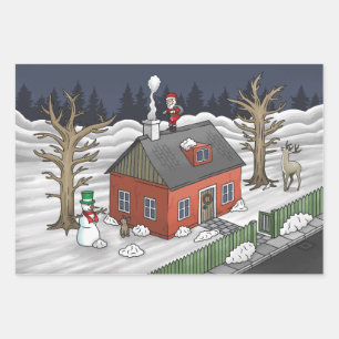 Feuille De Papier Cadeau Père Noël et la petite maison rouge