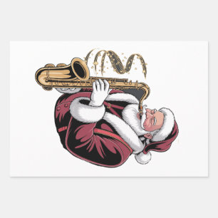 Feuille De Papier Cadeau Père Noël jouant du saxophone Musicien de Noël Sax