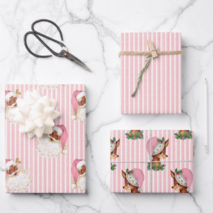 Feuille De Papier Cadeau Père Noël noir vintage et renne à rayure rose