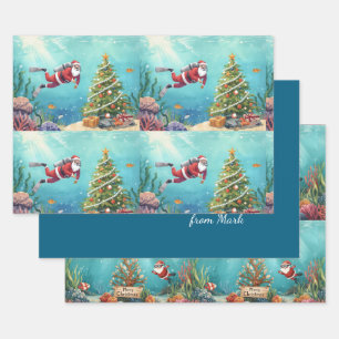 Feuille De Papier Cadeau Père Noël Plongeur Noël Fêtes sous-marines de Noël