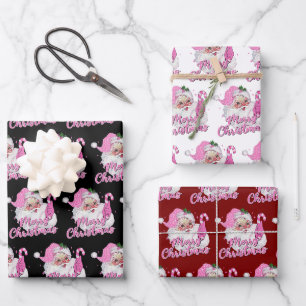 Feuille De Papier Cadeau Père Noël Rose Vintage Joyeux Noël Noir