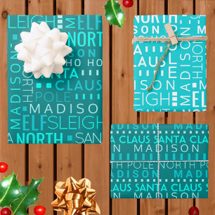 Feuille De Papier Cadeau Père Noël Typographie Turquoise Blue Kids Nom Noël