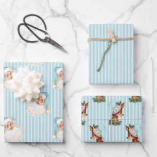 Feuille De Papier Cadeau Père Noël vintage et renne rayure turquoise