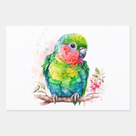 Feuille De Papier Cadeau Perroquet vert - Bébé mignon oiseau (Devant 2)