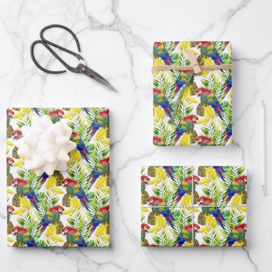 Feuille De Papier Cadeau Perroquets Et Fruits Tropicaux (Recto)