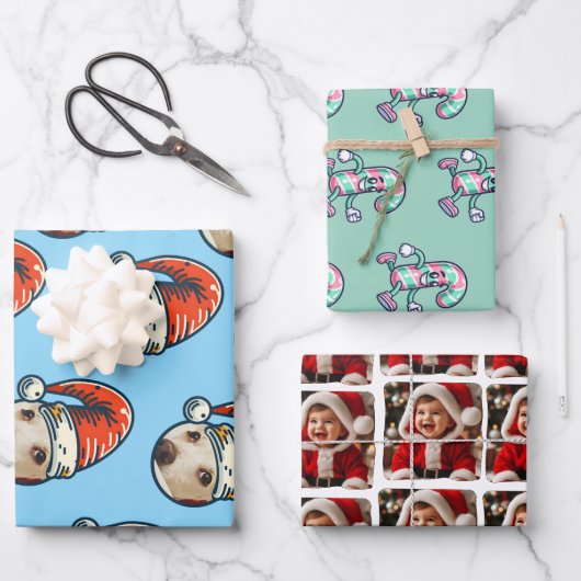 Feuille De Papier Cadeau Personalized Photo Santa Candy Cane (Recto)