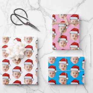 Feuille De Papier Cadeau Personnalisé Baby Head Face Photo Santa Hat Noël