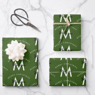 Feuille De Papier Cadeau Personnalisé moderne Joyeux Noël vert Monogramme