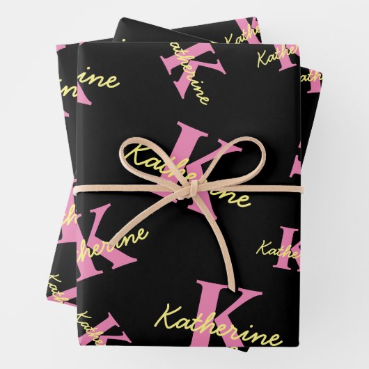 Feuille De Papier Cadeau Personnalisé Monogramme Noir moderne (En situation)