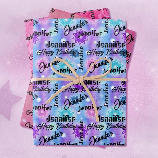 Feuille De Papier Cadeau Personnaliser Nom Joyeux Anniversaire Rose Lavande