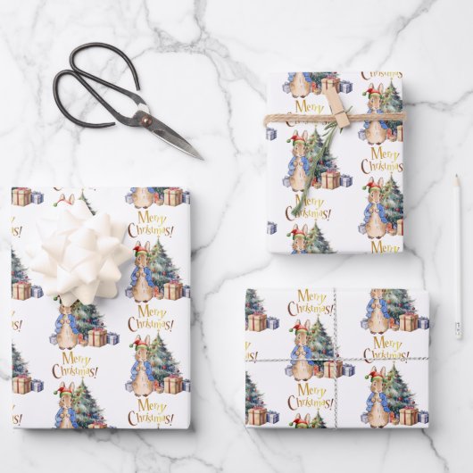 Feuille De Papier Cadeau Peter le lapin Joyeux sapin de Noël (Recto)