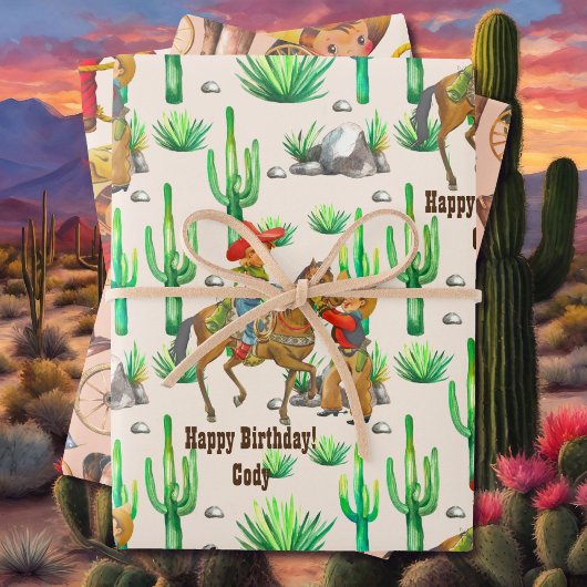 Feuille De Papier Cadeau Petit Buckaroo Cowboy Nom du garçon Anniversaire 3