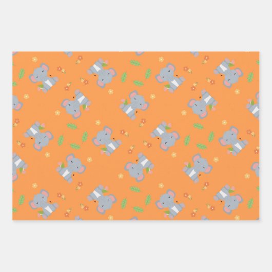 Feuille De Papier Cadeau Petit éléphant mignon avec fleurs orange (Devant 3)