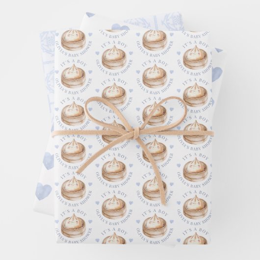 Feuille De Papier Cadeau Petite Aquarelle Bleue Dumpling Baby shower garçon (En situation)