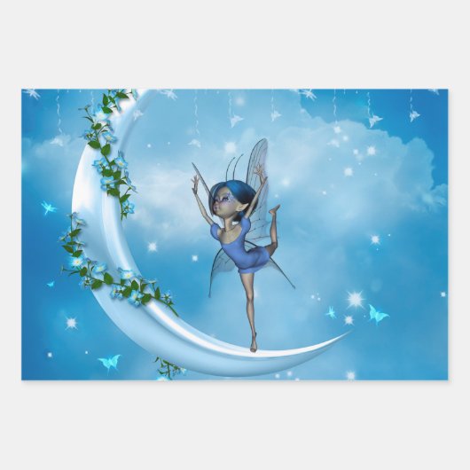 Feuille De Papier Cadeau Petite fée dansant sur la lune (Devant)