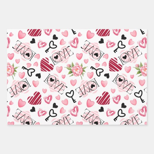 Feuille De Papier Cadeau Petite mignonne Coeurs blancs et roses Saint Valen (Devant)