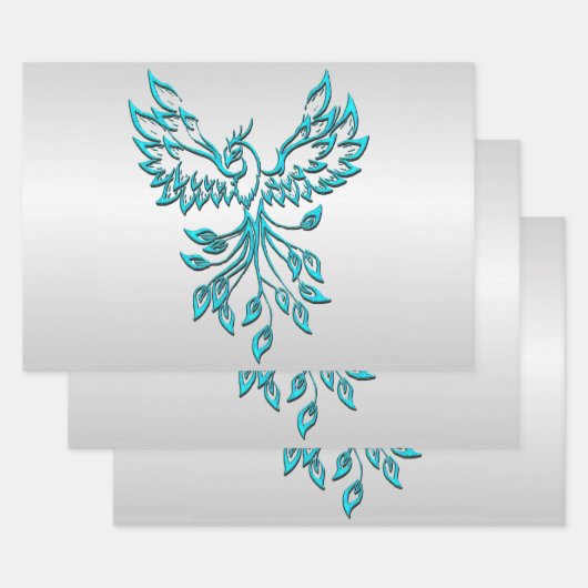 Feuille De Papier Cadeau Phoenix bleu turquoise sur Argent (Lot)