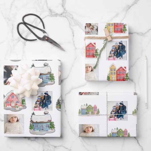 Feuille De Papier Cadeau Photo Collage avec maisons enneigées (Recto)