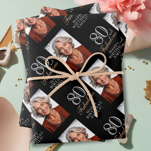 Feuille De Papier Cadeau Photo élégant noir 80 et fabuleux 80e anniversaire