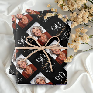 Feuille De Papier Cadeau Photo élégant noir 90 et fabuleux 90e anniversaire