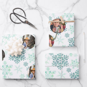 Feuille De Papier Cadeau Photo personnalisée Green Snowflakes Set de 3