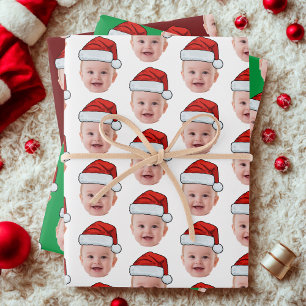 Feuille De Papier Cadeau Photo personnalisée Visage bébé Père Noël Casquett