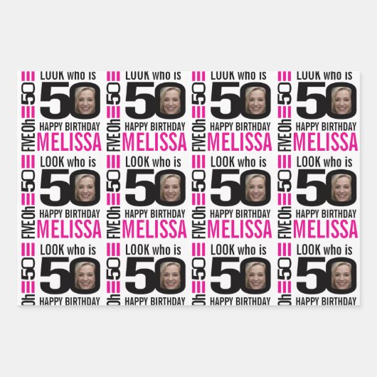 Feuille De Papier Cadeau Photos de 50e anniversaire noir blanc rose chaud (Devant 2)