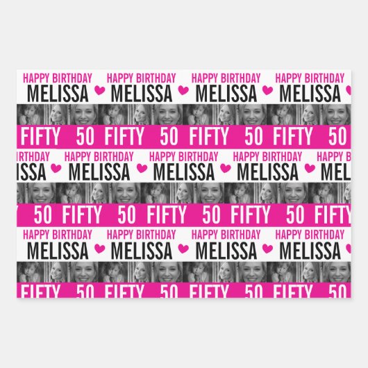 Feuille De Papier Cadeau Photos de 50e anniversaire noir blanc rose chaud (Devant)