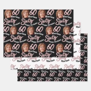 Feuille De Papier Cadeau Photos de 60e anniversaire rose noir blanc emballa
