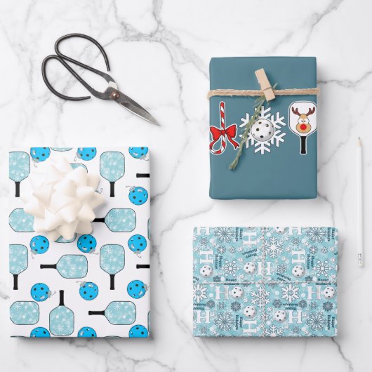 Feuille De Papier Cadeau Pickleball Joie Noël Party Bleu Blanc Ornement (Recto)