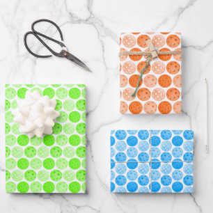 Feuille De Papier Cadeau Pickleballs - Vert, orange et bleu sur blanc