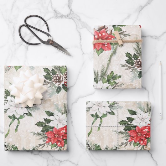 Feuille De Papier Cadeau Pierres de pin rouge et blanc (Recto)