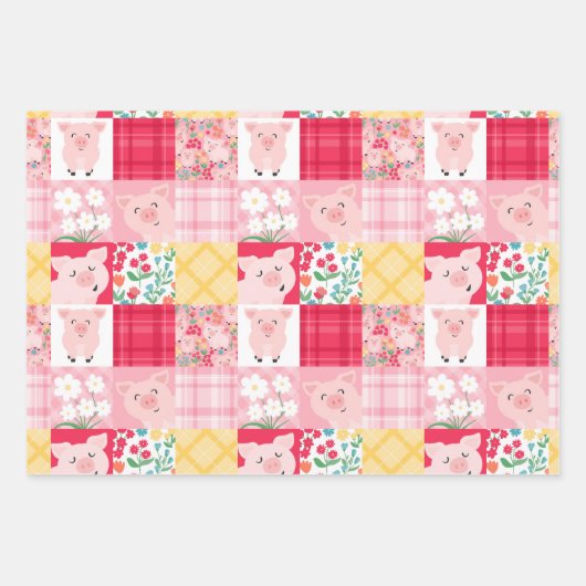 Feuille De Papier Cadeau Pig Patchwork Floral Rustique fête d'anniversaire (Devant)