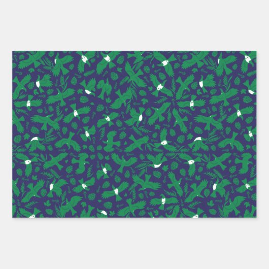 Feuille De Papier Cadeau Pigeons verts sur bleu (Devant)