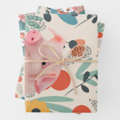 Feuille De Papier Cadeau Piglette mignonne et Fleurs gaies (En situation)