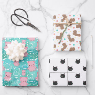 Feuille De Papier Cadeau Pigs Llamas Chats Cute Motifs animaux mélangés