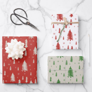 Feuille De Papier Cadeau Pine Tree Snowflake Doodé Rouge Beige Vert Trio