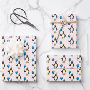 Feuille De Papier Cadeau Pingouin avec ballon bleu