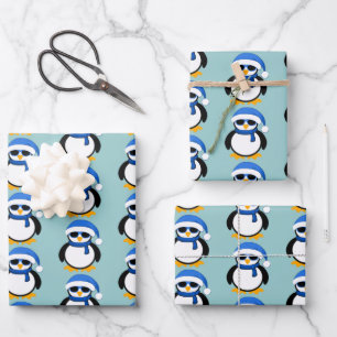 Feuille De Papier Cadeau Pingouin cool de Noël motif d'hiver bleu