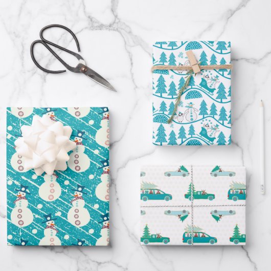 Feuille De Papier Cadeau Pingouin de Noël bleu, Snowman, Reindeer Set (Recto)