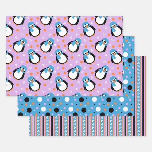 Feuille De Papier Cadeau Pingouin mignon avec Casquette et Scarf Stripes Po (Lot)