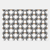 Feuille De Papier Cadeau Pingouin mignon Plaid Motif en noir blanc et gris (Devant)