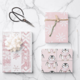 Feuille De Papier Cadeau Pingouin rose Snowflakes Noël