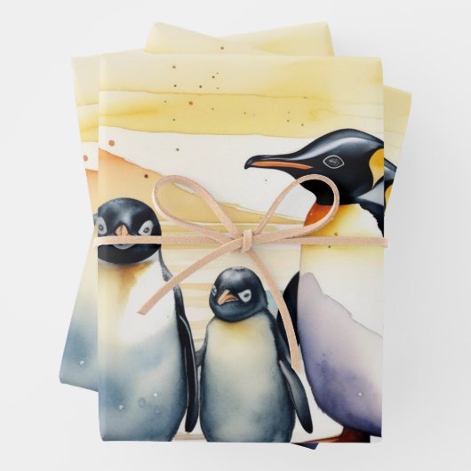 Feuille De Papier Cadeau Pingouins aquarelle glissant sur glace (En situation)