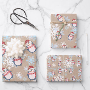 Feuille De Papier Cadeau Pingouins De Neige Mignons Sur Kraft Noël