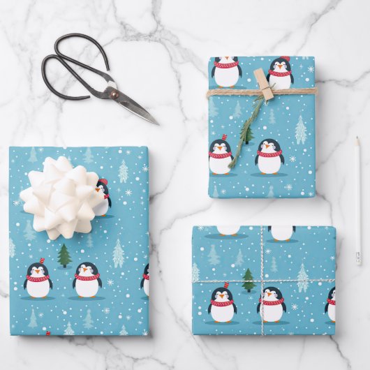 Feuille De Papier Cadeau Pingouins mignons en bleu clair avec des flocons d (Recto)